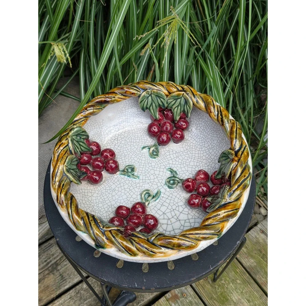 Vintage Handmade Ceramic Crackle Glaze Grape Bowl 3D Raised Fruit Rope RimDecor